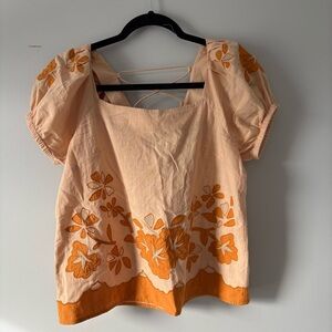 Madewell Peach and Orange Embroidered Puff-Sleeve Top Tie Back Detail